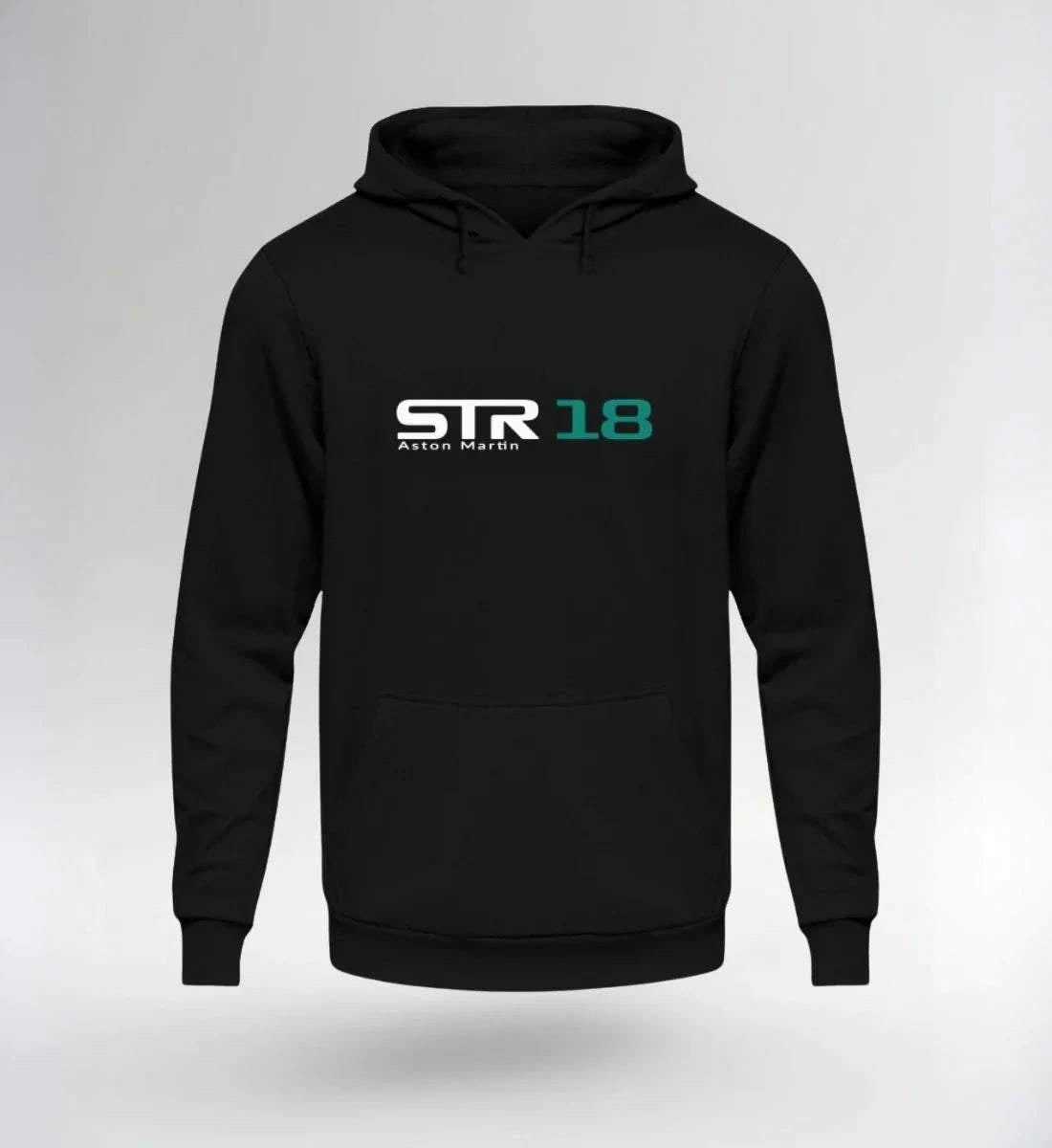 Image of Black NOVAWEAR STR 18 Motorsport Hoodie with white and teal racing logo and kangaroo pocket, limited edition streetwear